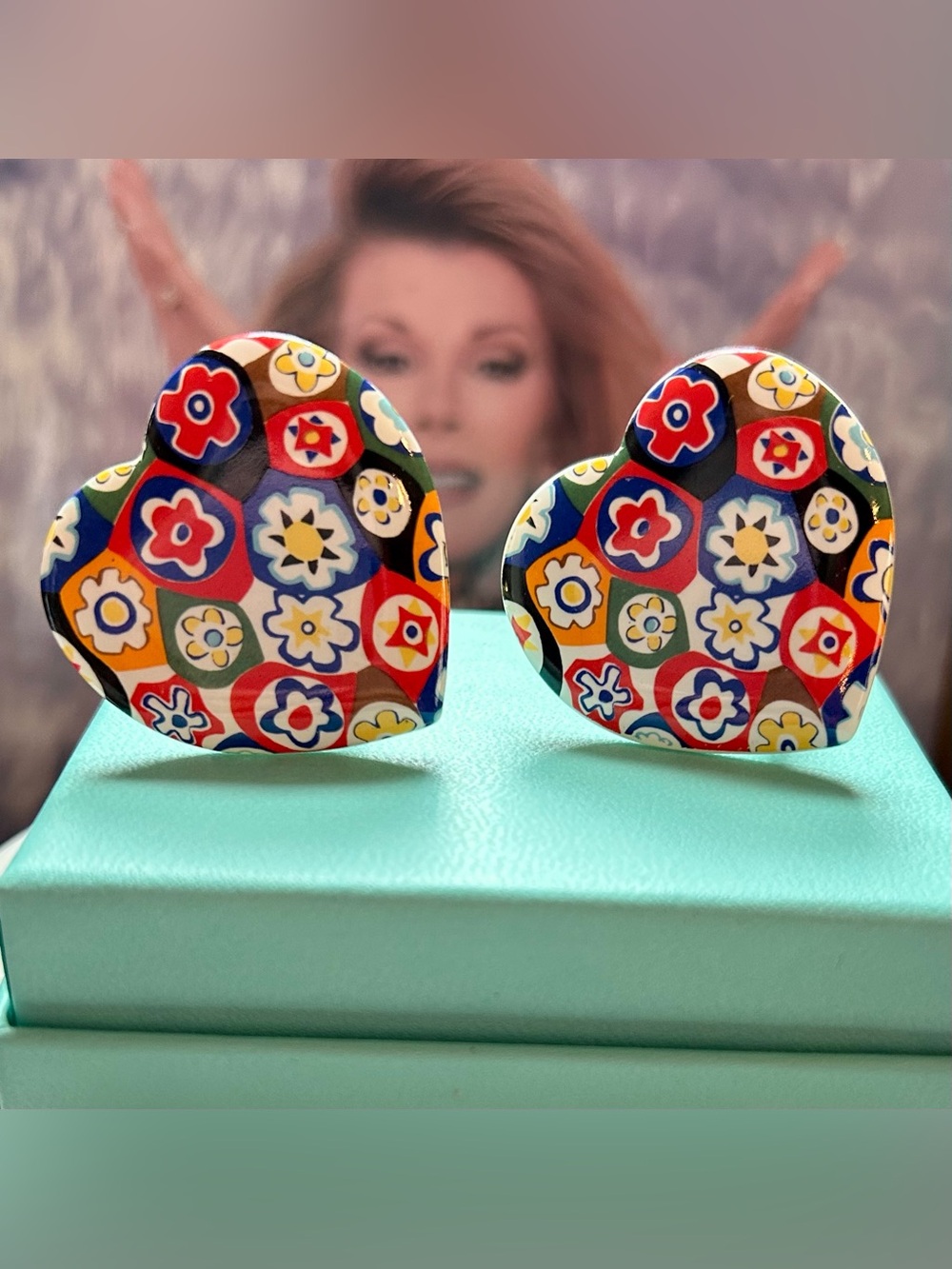 Vintage Avon “Tapestry” Millefiori Heart Earrings Clip-ons